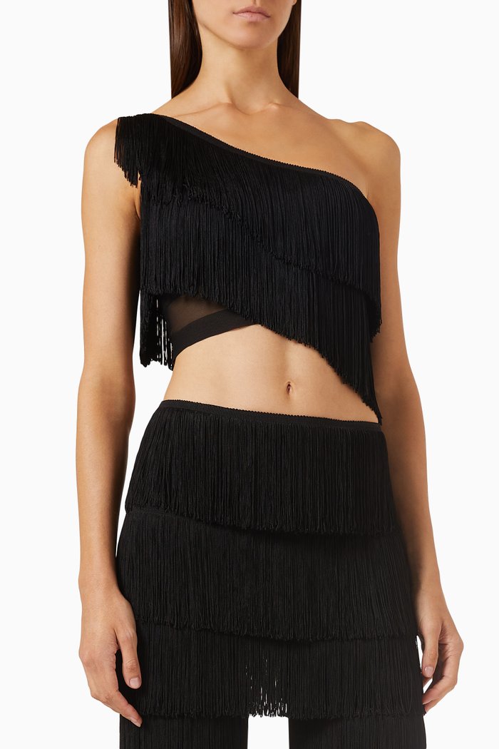 

Spliced One-shoulder Fringe Top, Black