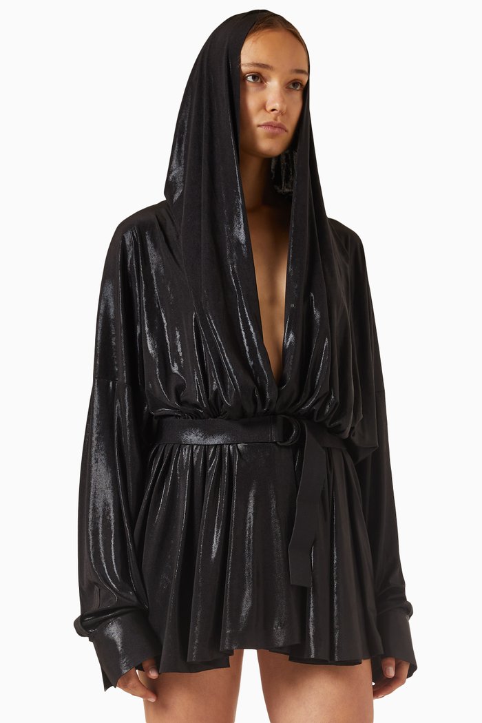 

Hooded Oversized BF Mini Shirt Dress in Stretch-lamé, Black