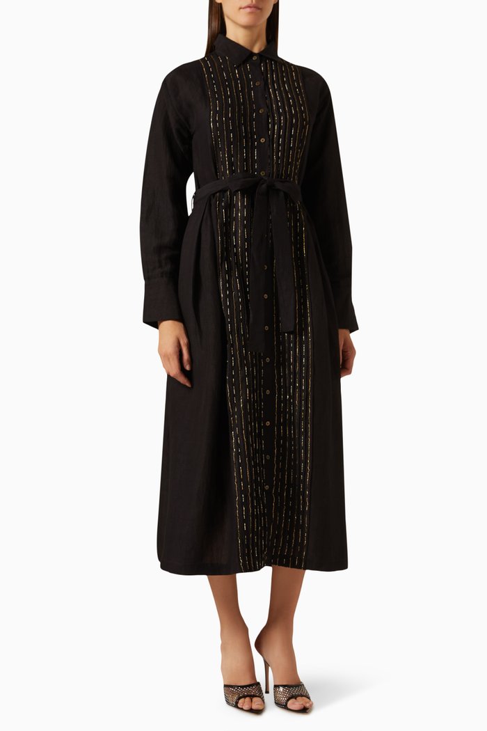 

Embroidered Shirt Midi Dress in Linen-blend, Black