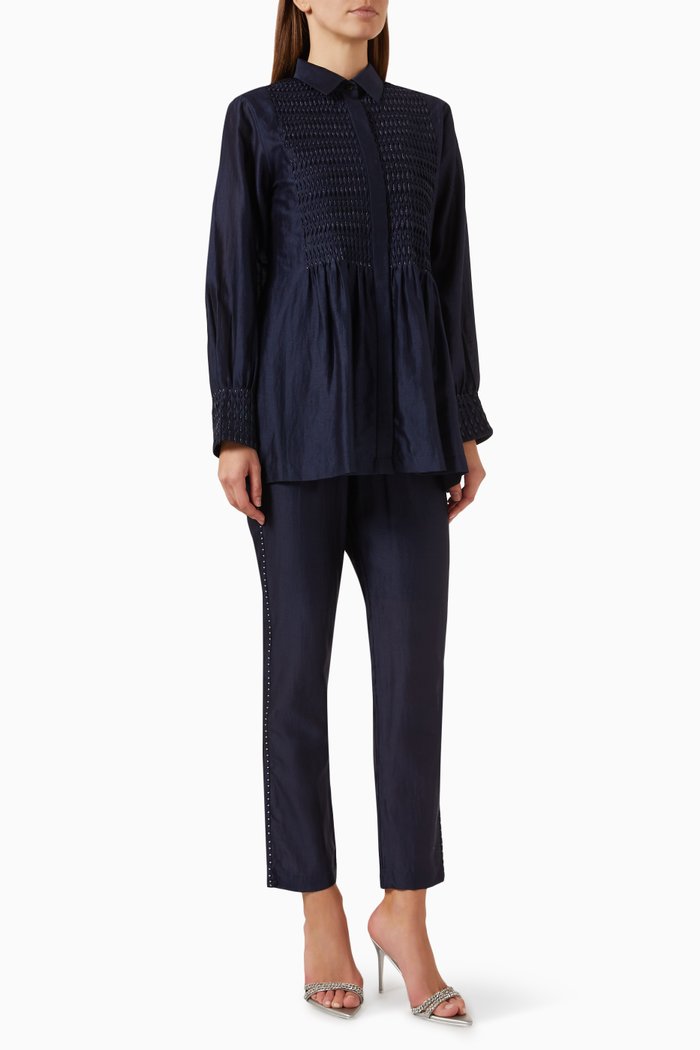 

Textured Top & Pants Set in Silk, Blue