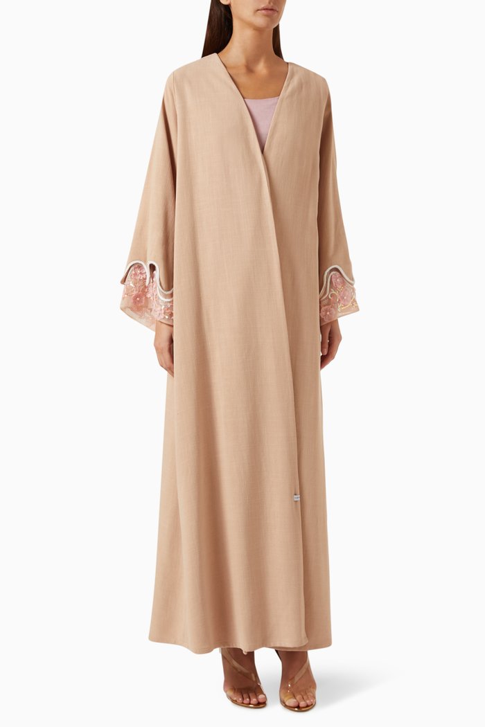

Floral Bead-embellished Abaya & Dress Set in Linen, Brown