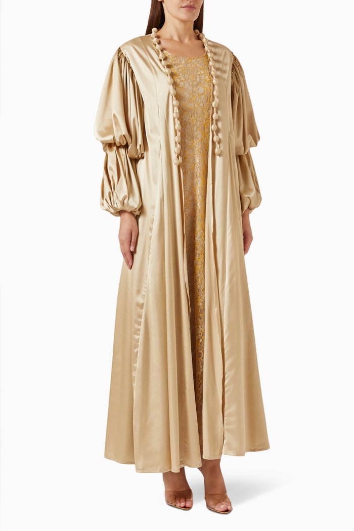 

Double Layered Puff Sleeves Abaya & Dress Set in Silk & Lace, Neutral