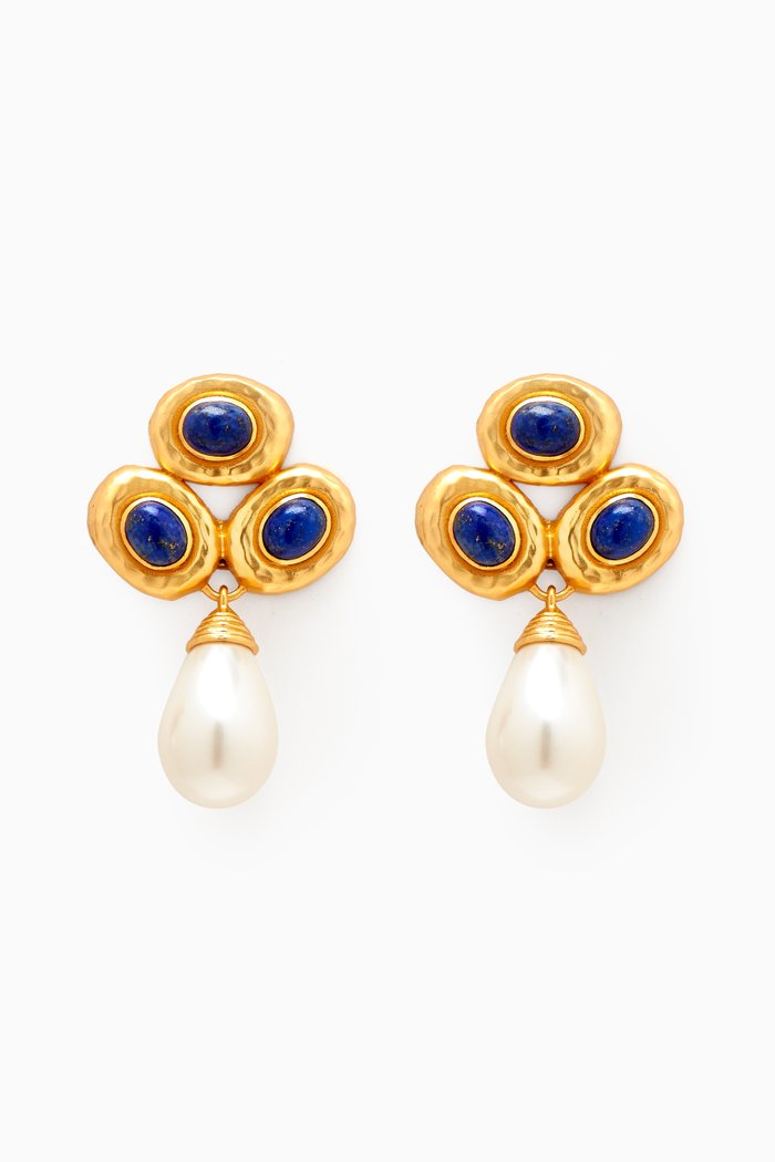 

Eva Drop Pearl Earrings in 24kt Gold-plated Brass, Blue