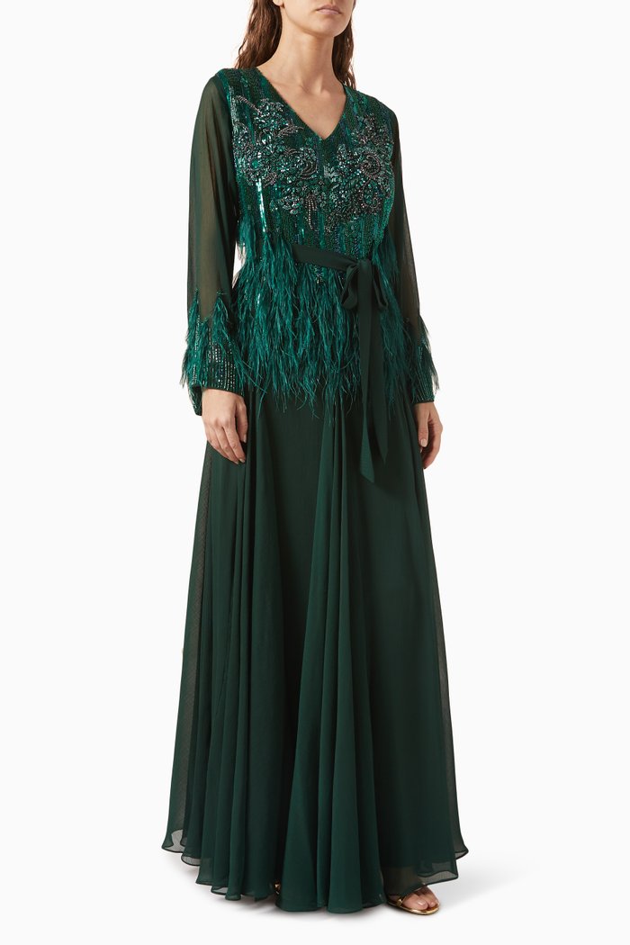 

Feather-embellished Kaftan, Green
