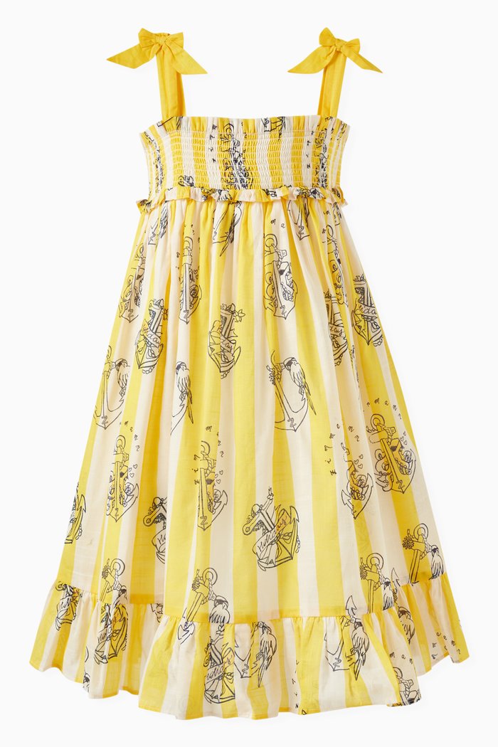 Alight Stripe Shirred Dress in Cotton, Yellow
