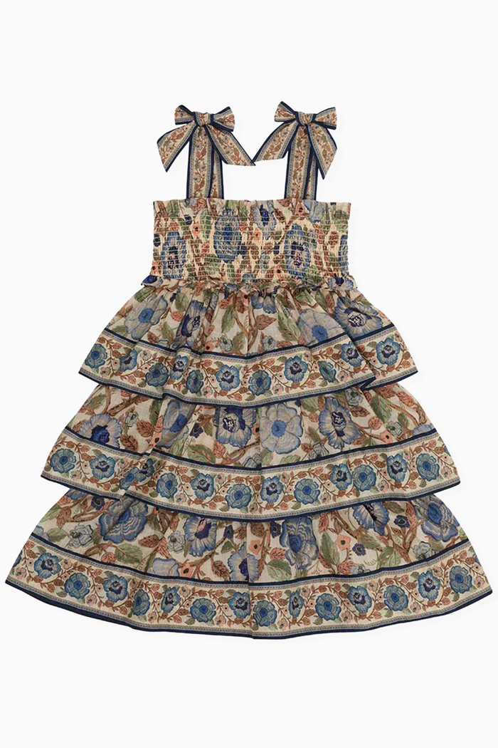 

Junie Shirred Tiered Dress in Cotton, Blue