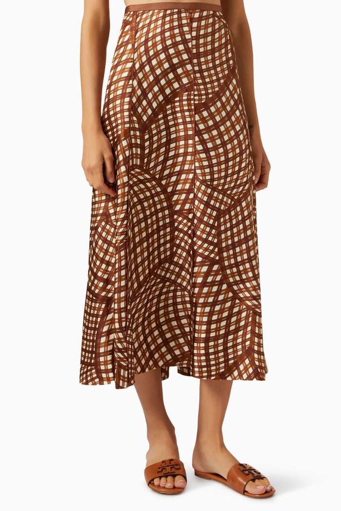 

Printed Midi Skirt in Silk-twill, Brown