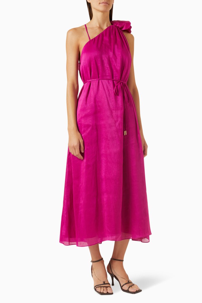 Quintessa Flower Midi Dress in Linen, Purple