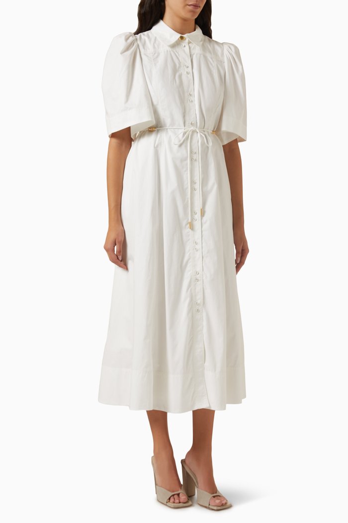 Pivotal Tie-front Midi Dress in Cotton, White