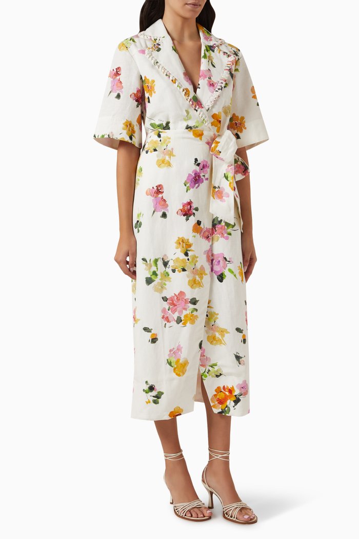 

Tabitha Wrap Front Midi Dress in Linen, Multicolour