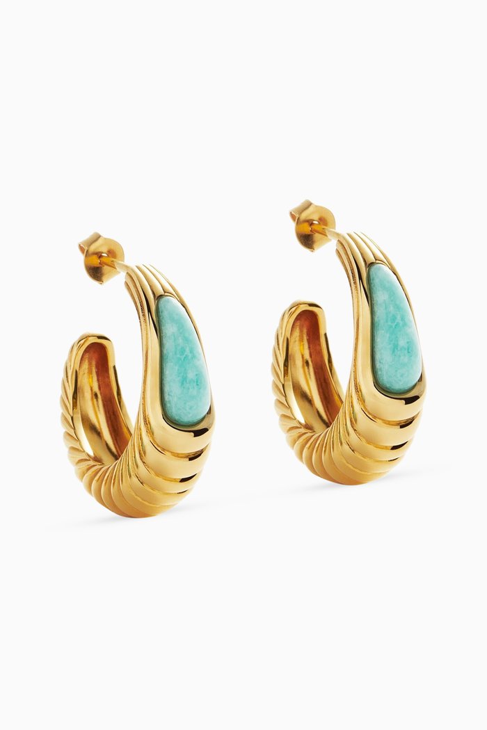 

Wavy Ridge Large Amazonite Hoop Earrings in 18ct Recycled Gold-plated Brass, Blue