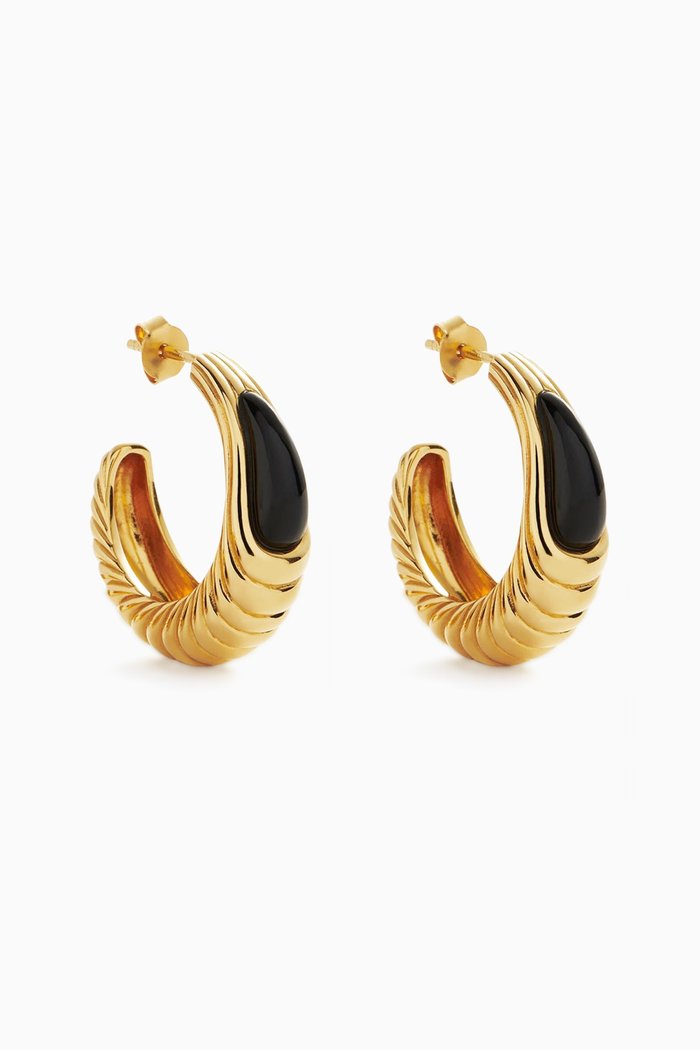 

Wavy Ridge Gemstone Medium Hoop Earrings in 18kt Recycled Gold-plated Brass, Black