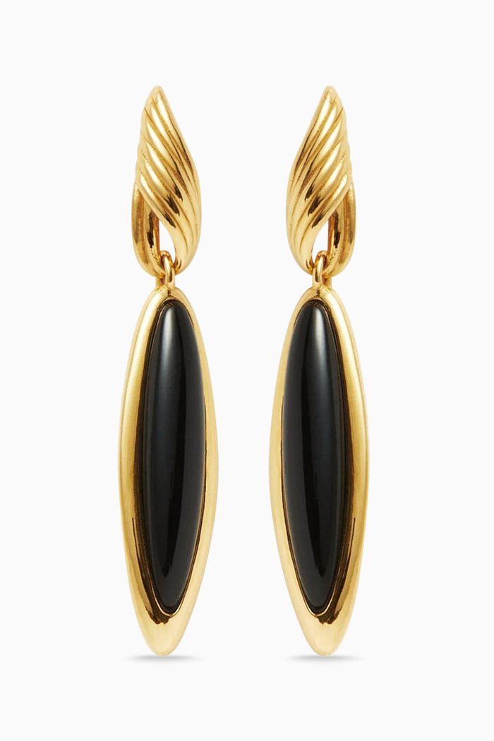 

Wavy Ridges Onyx Double Drop Earrings in 18ct Recycled Gold-plated Brass, Black