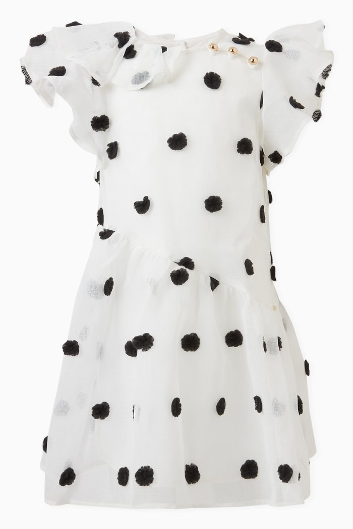 

Ruffled Polka Dot Dress in Polyester, White