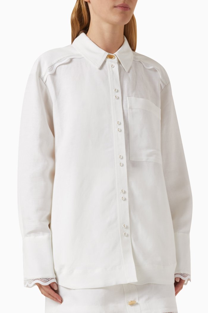 Reva Wave-trim Oversized Shirt in Cotton, White