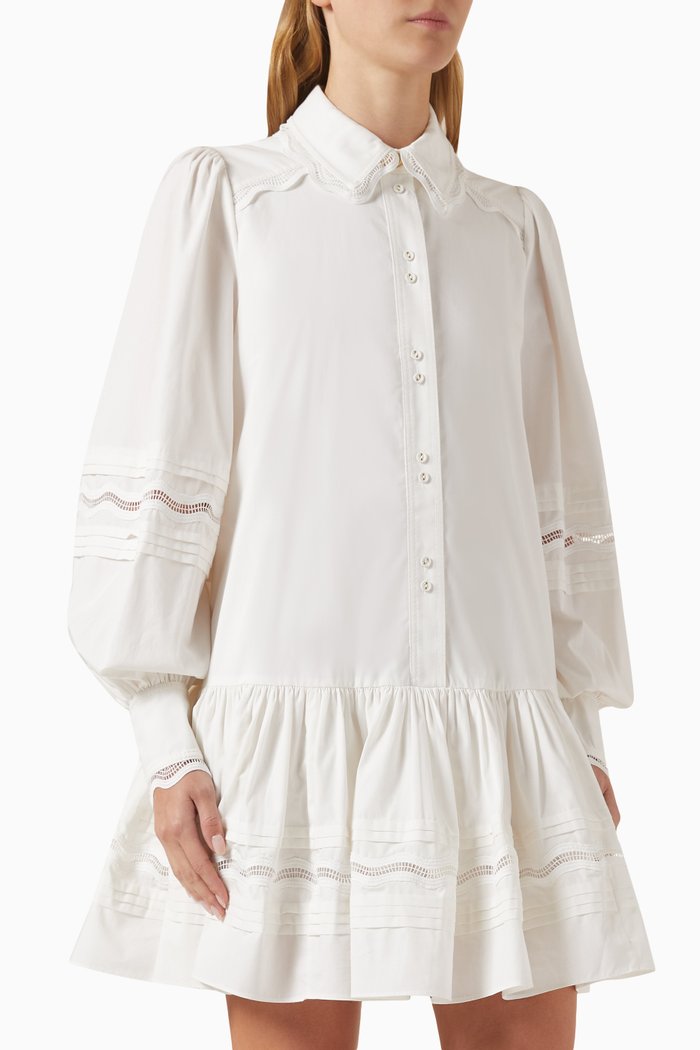 

Reva Wave-trim Shirt Mini Dress in Cotton, White