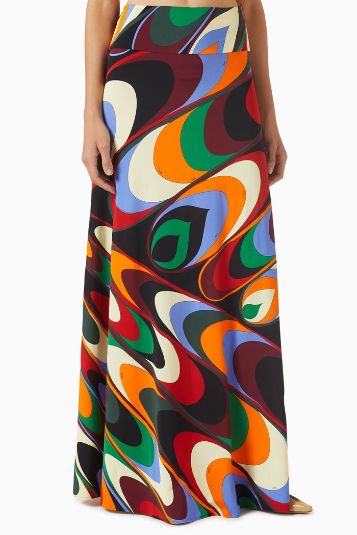 Onde-Print Maxi Skirt in Satin Jersey, Multicolour