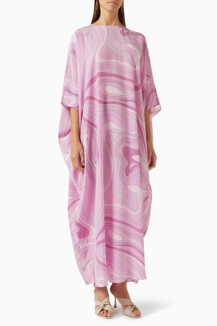 Marmo Print Maxi Kaftan in Silk, Pink