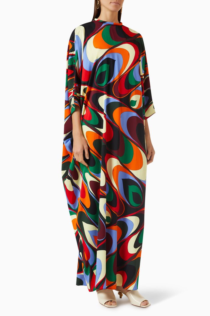 Onde-Print Maxi Kaftan Dress in Silk, Multicolour