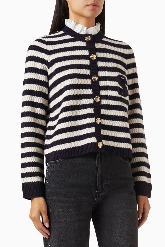 

Long Sailor Striped Cardigan in Wool-Blend, Neutral