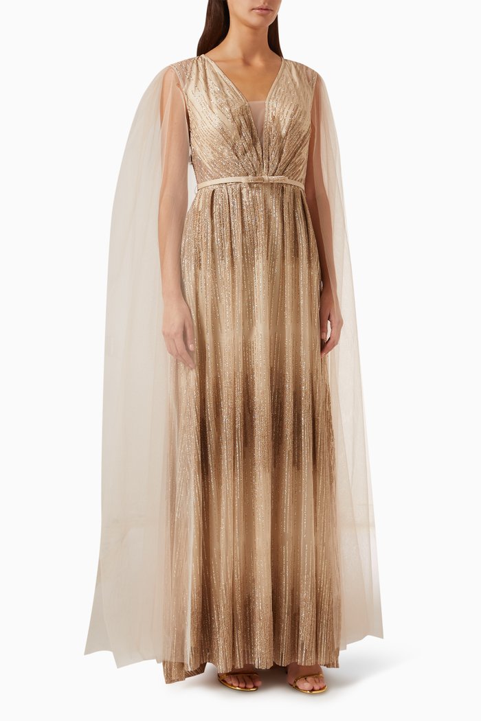 

Beaded Maxi Dress in Tulle & Silk, Gold