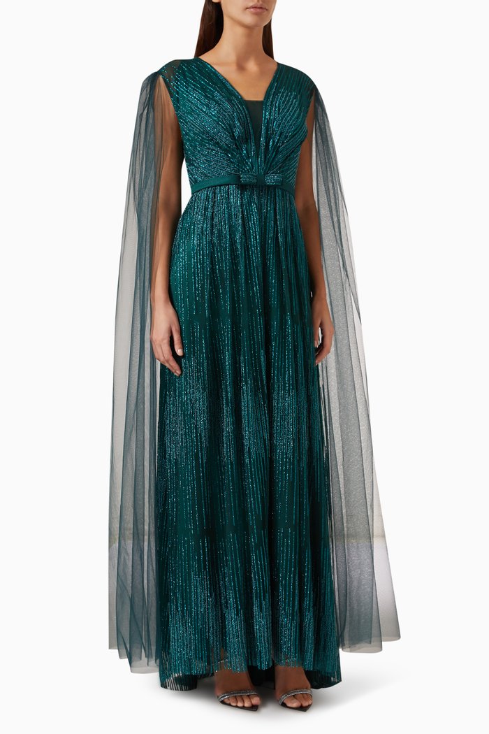 

Beaded Maxi Dress in Tulle & Silk, Green