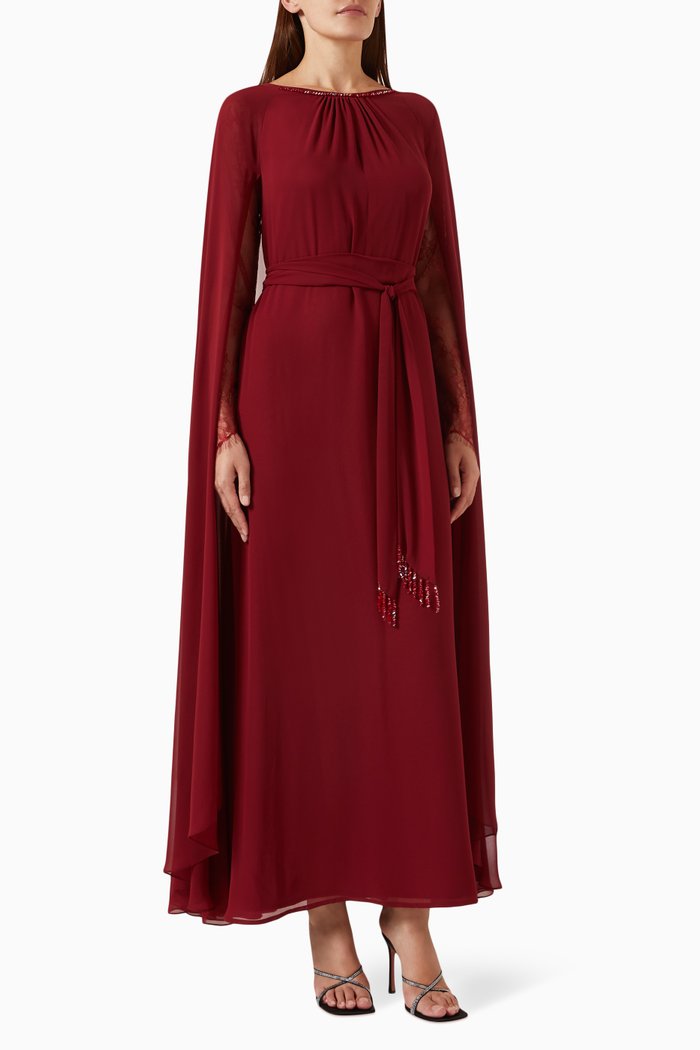

Cape-sleeve Maxi Dress in Chiffon & Lace, Red