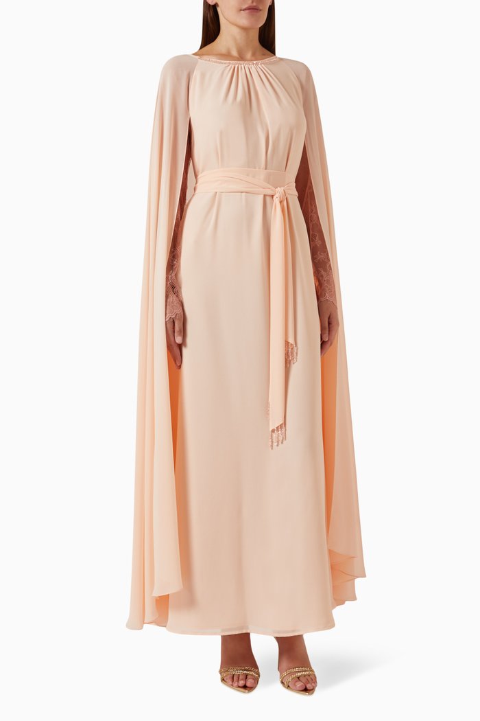 

Cape-sleeve Maxi Dress in Chiffon & Lace, Pink