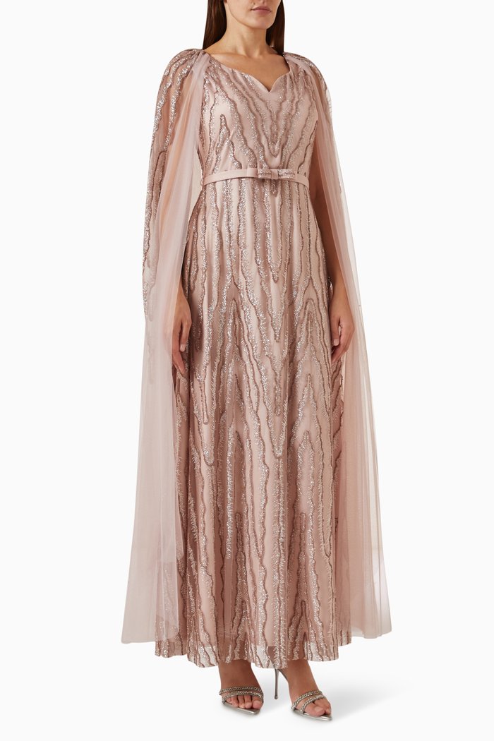 

Beaded Maxi Dress in Tulle & Silk, Pink