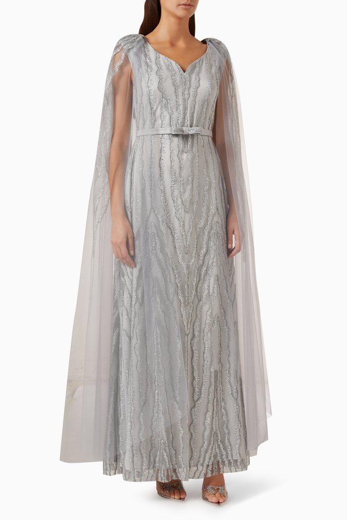 

Beaded Maxi Dress in Tulle & Silk, Silver