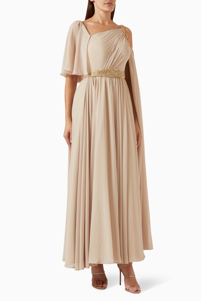

Pleated One-shoulder Maxi Dress in Chiffon, Neutral