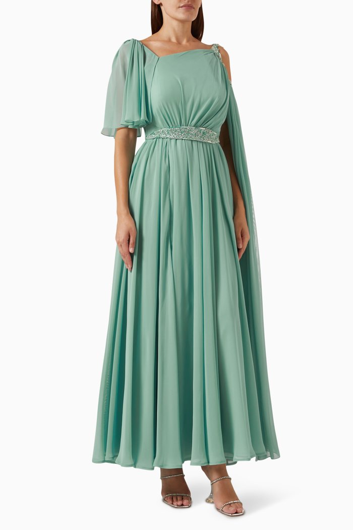Pleated One-shoulder Maxi Dress in Chiffon, Green