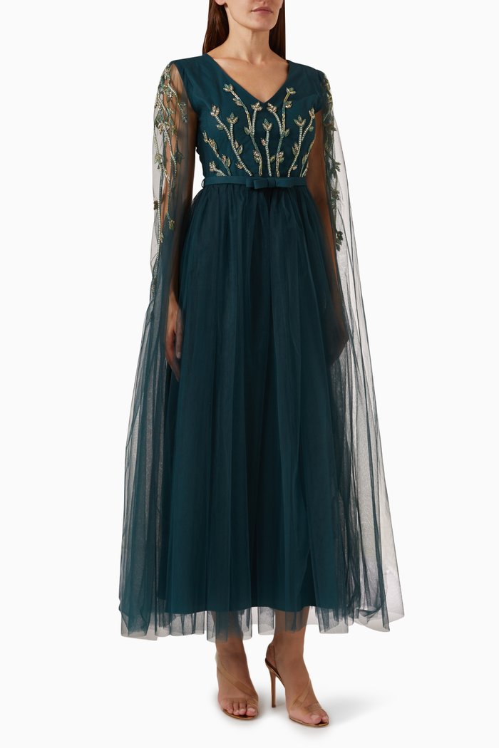 

Bead-embellished Maxi Dress in Tulle & Crepe, Green