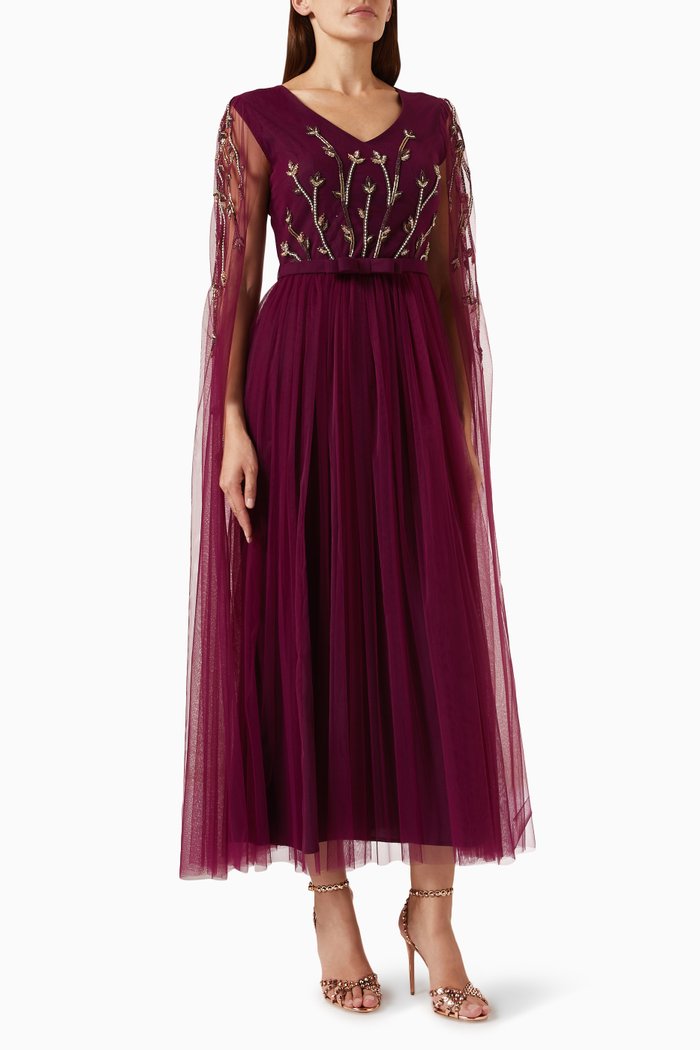 

Bead-embellished Maxi Dress in Tulle & Crepe, Red