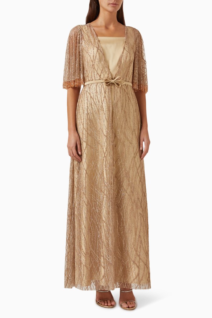 

Beaded Detachable Maxi Dress in Tulle & Silk, Gold