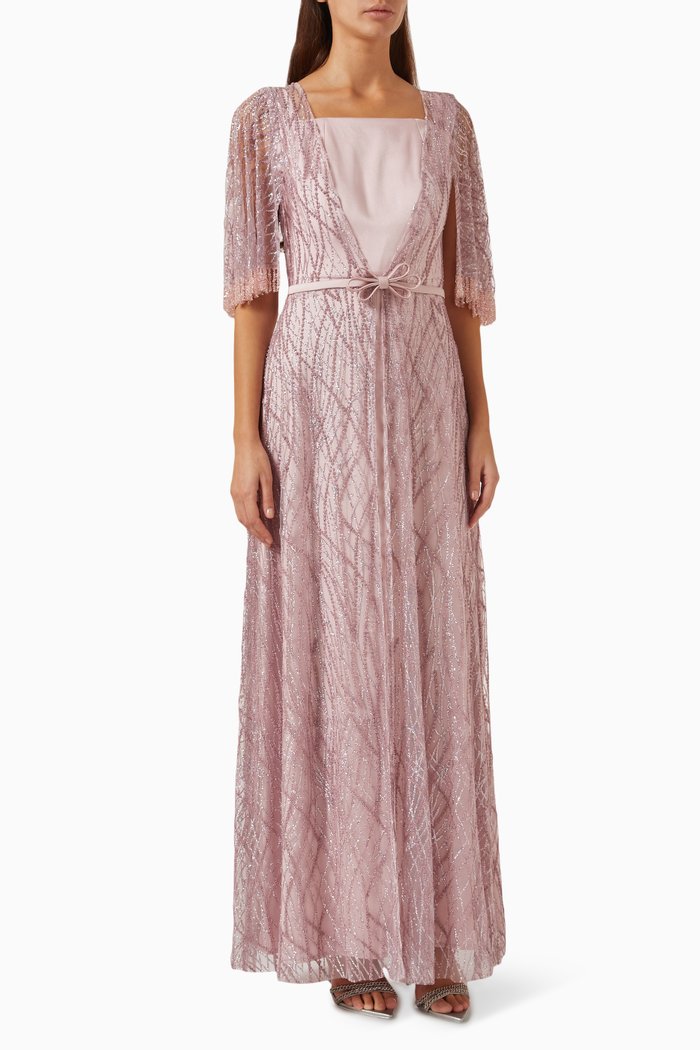 

Beaded Detachable Maxi Dress in Tulle & Silk, Pink