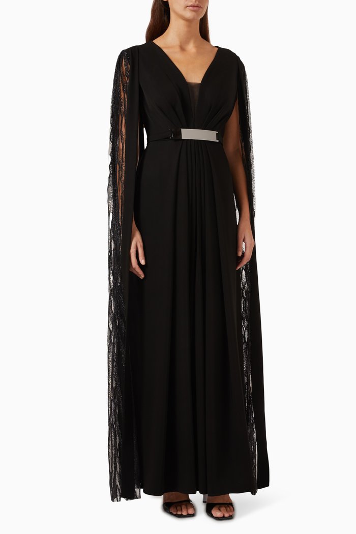 

Beaded Elongated Sleeve Maxi Dress in Silk, Black