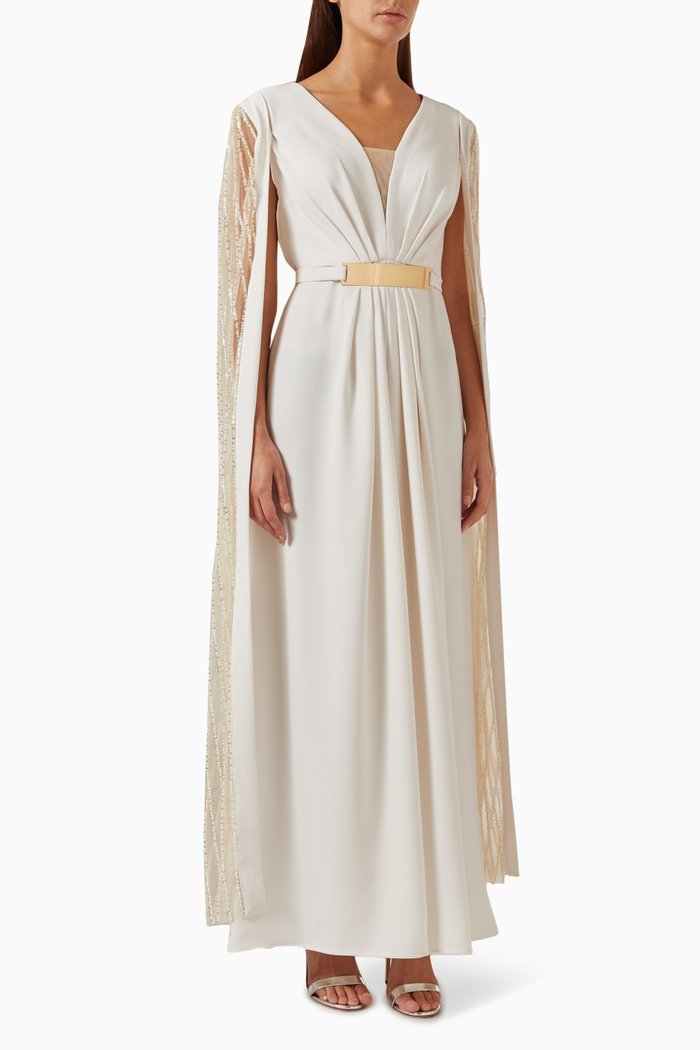 Beaded Elongated Sleeve Maxi Dress in Silk, Neutral