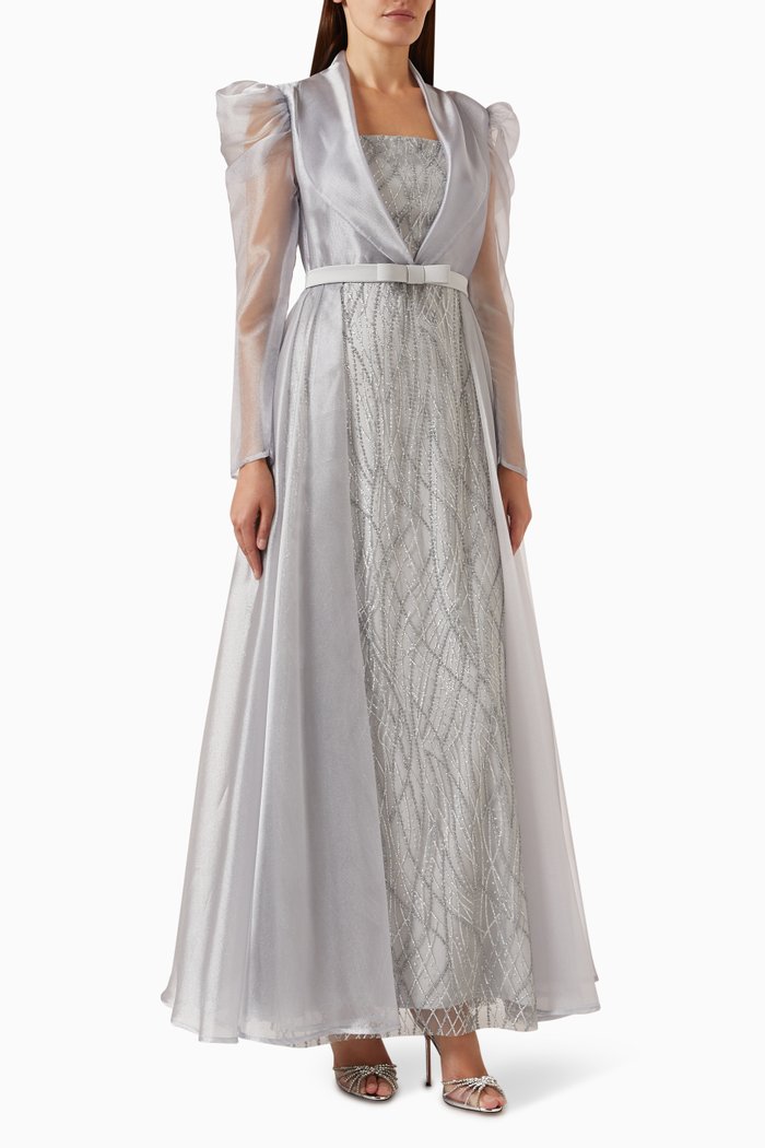 

Bead-embellished Maxi Dress in Organza & Tulle, Silver