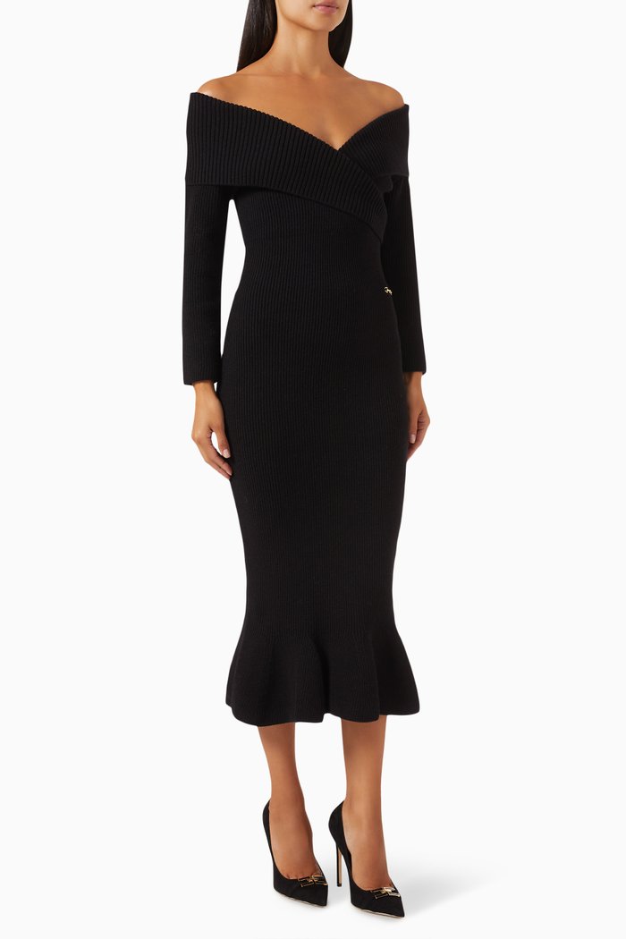 

Gored-skirt Midi Dress in Knit, Black