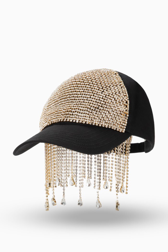 

Rhinestone Fringe Baseball Cap in Cotton, Black