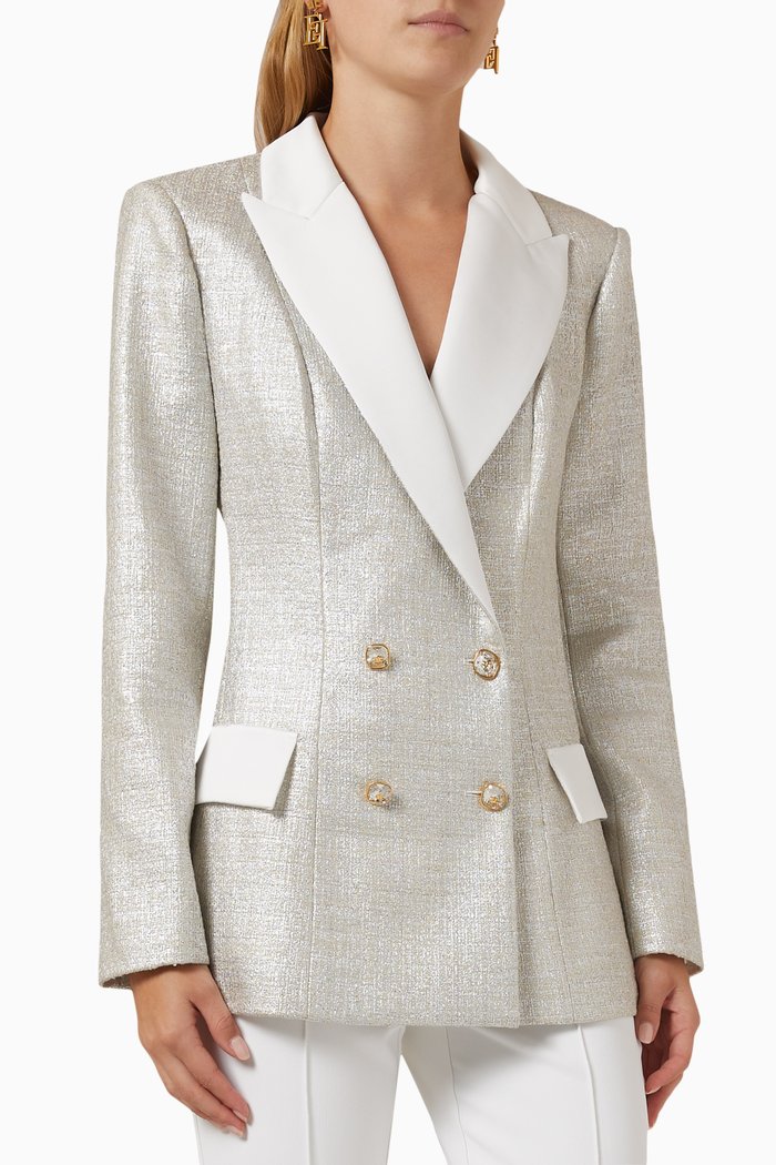 

Double-breasted Blazer in Laminated Tweed, Silver