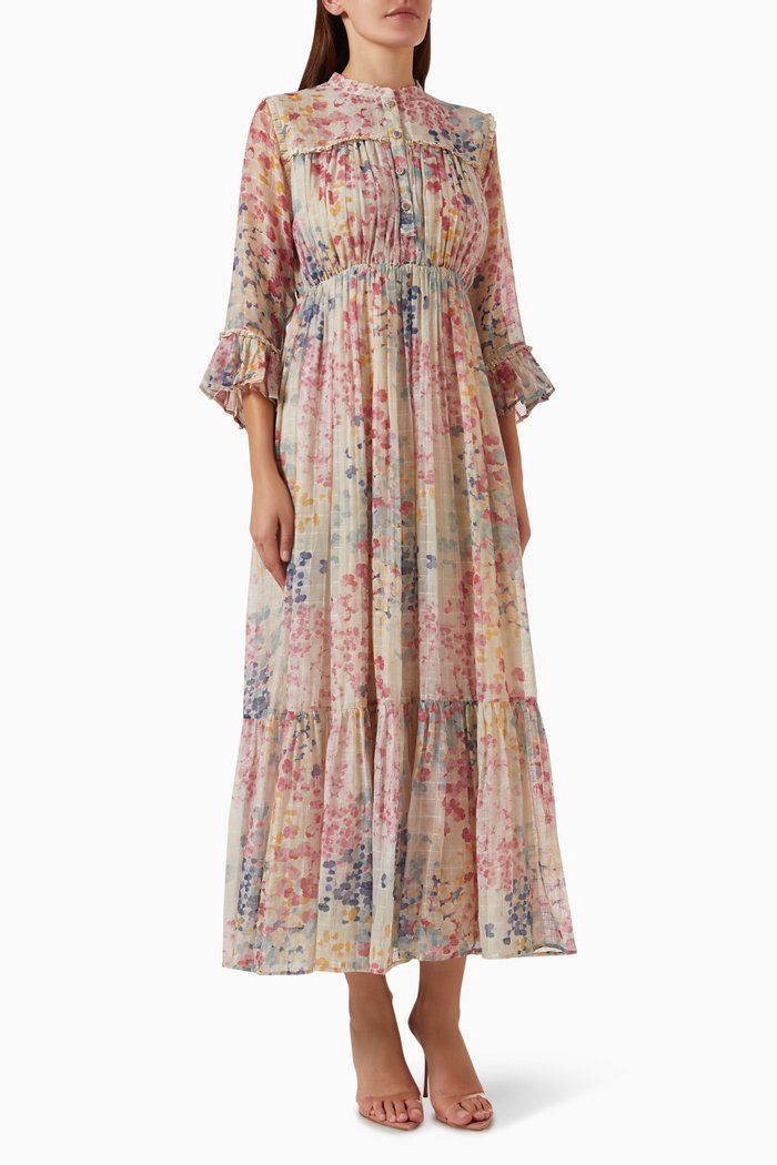 

Amber Floral-print Maxi Dress in Cotton-silk, Pink