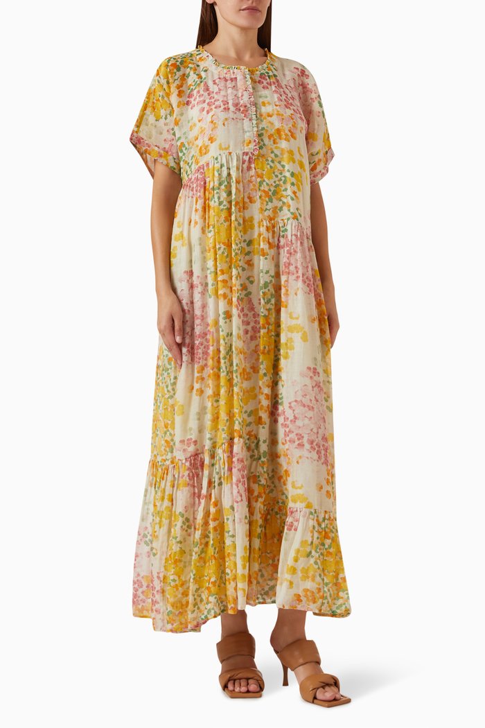 

Angelina Floral-print Maxi Dress in Cotton-silk, Yellow