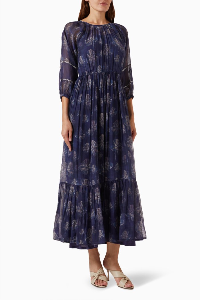 

Senorita Floral-print Maxi Dress in Cotton-silk, Blue
