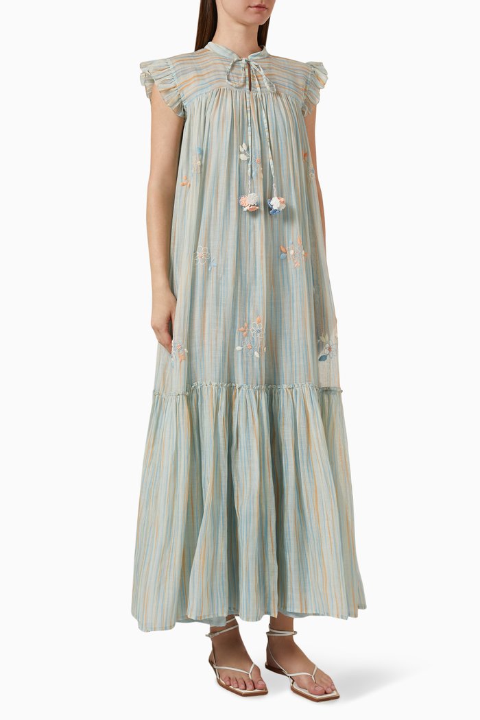 

Sophia Embroidered Maxi Dress in Cotton-silk, Blue