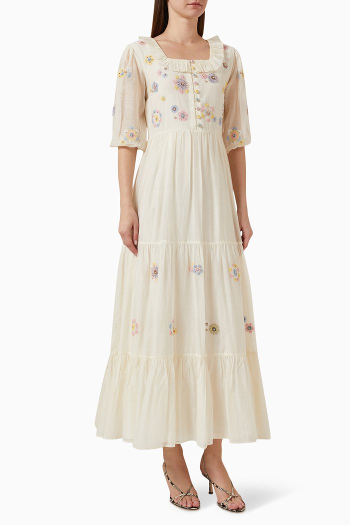 

Leece Embroidered Maxi Dress in Cotton-silk, White