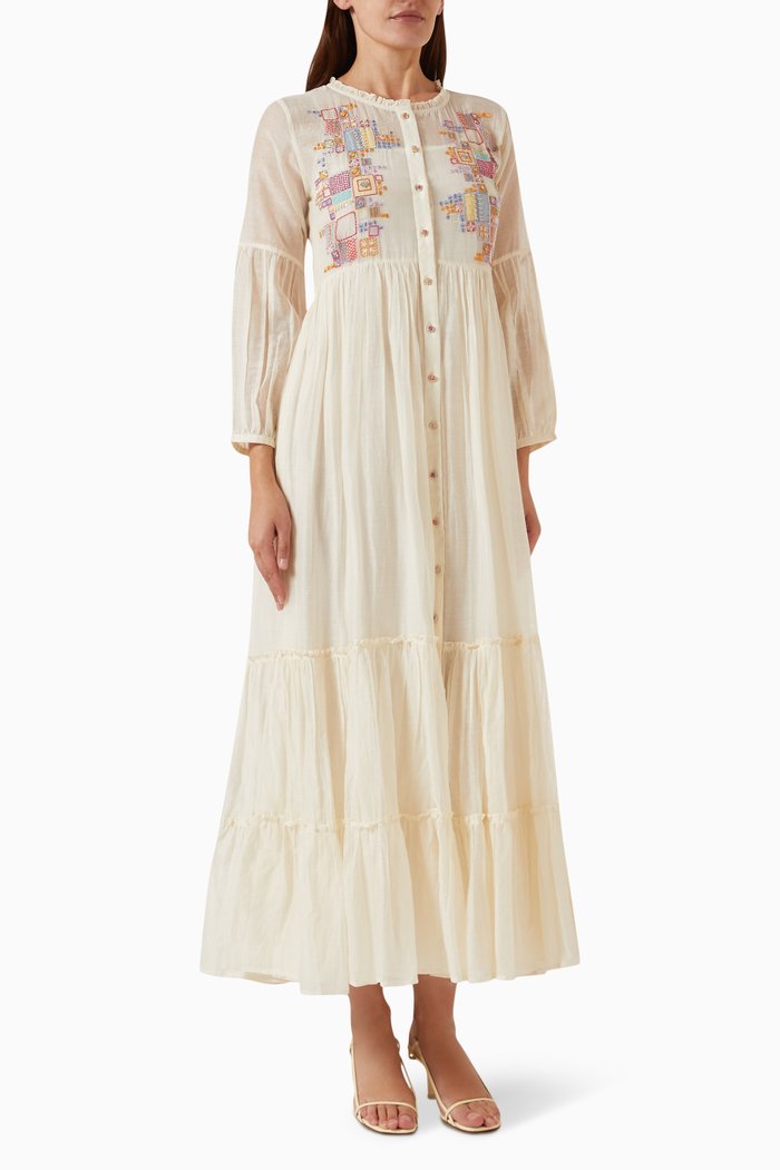 

Fanny23 Embroidered Maxi Dress in Cotton-silk, White