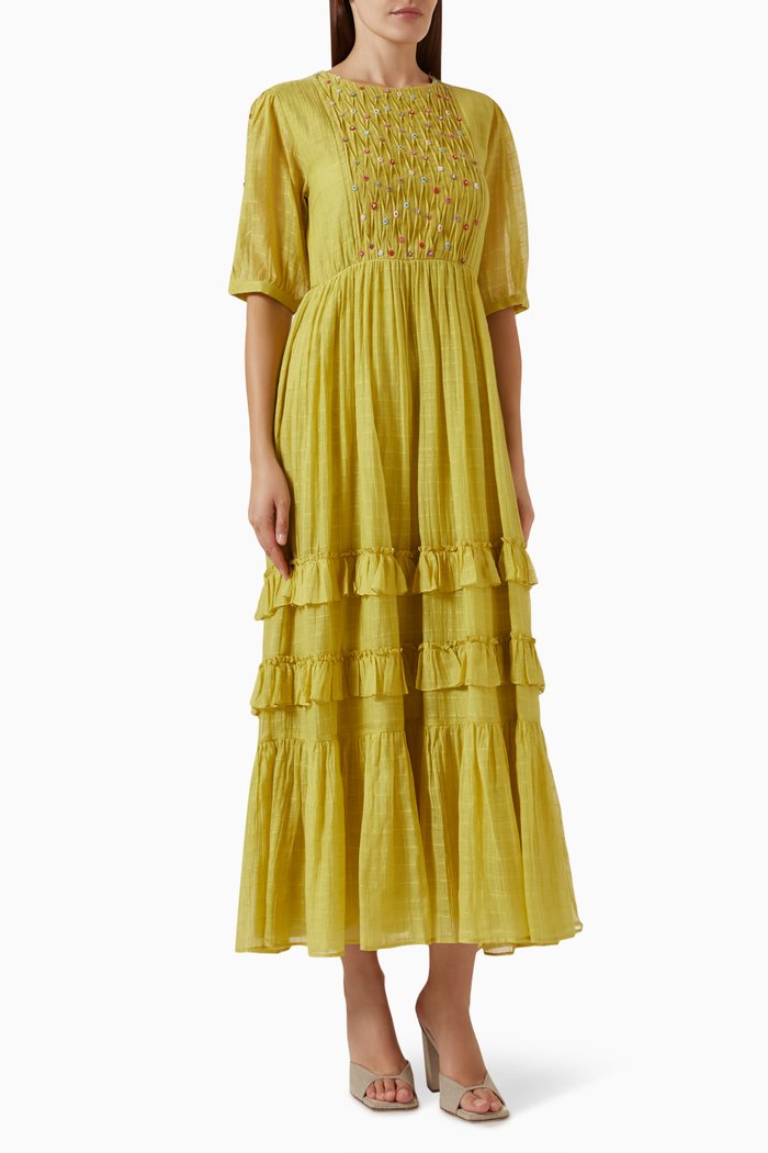 

Grape Checkered Maxi Dress in Cotton-silk, Yellow