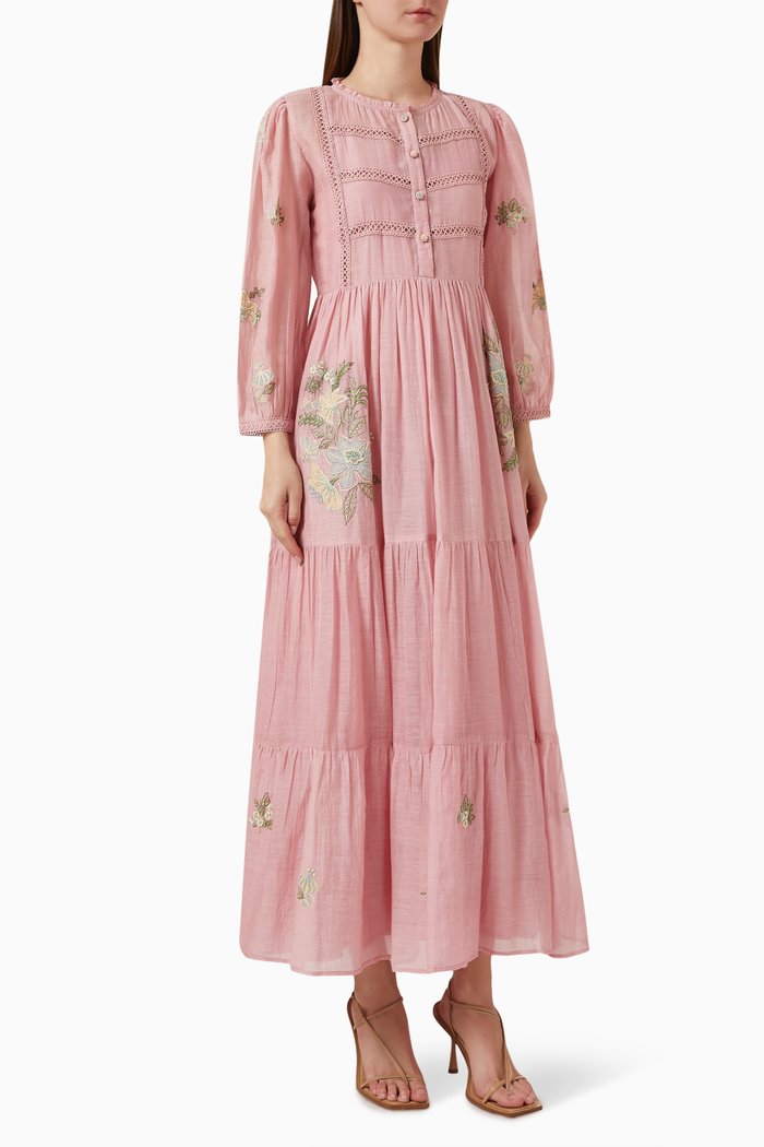 

Sloane Embroidered Maxi Dress in Cotton-silk, Pink
